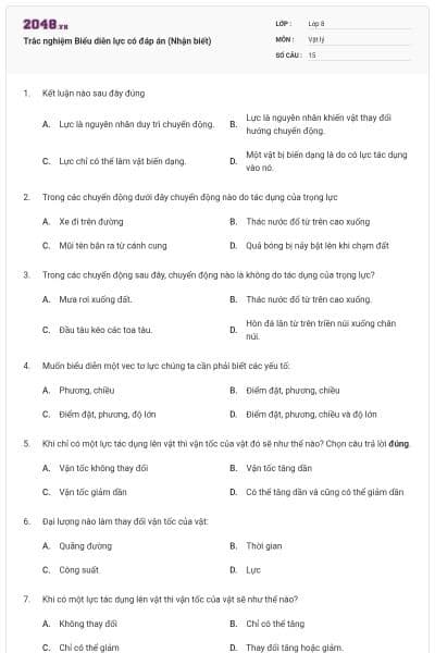 Trắc nghiệm Biểu diễn lực có đáp án (Nhận biết)