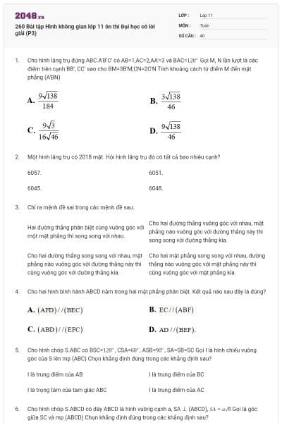 260 Bài tập Hình không gian lớp 11 ôn thi Đại học có lời giải (P3)