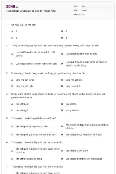 Trắc nghiệm Lực ma sát có đáp án (Thông hiểu)