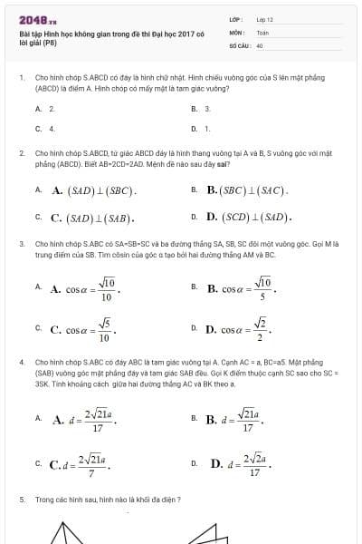 Bài tập Hình học không gian trong đề thi Đại học 2017 có lời giải (P8)