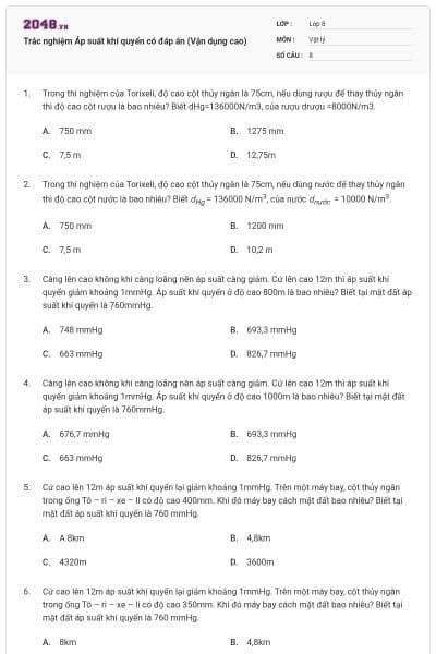 Trắc nghiệm Áp suất khí quyển có đáp án (Vận dụng cao)