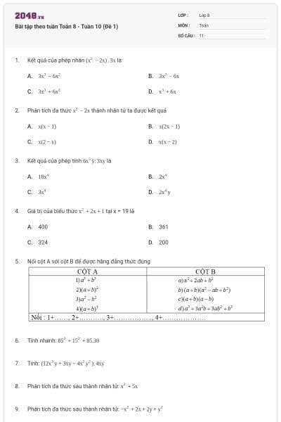 Bài tập theo tuần Toán 8 - Tuần 10 (Đề 1)