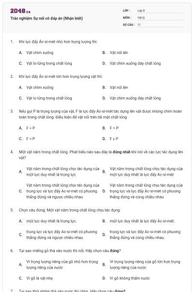 Trắc nghiệm Sự nổi có đáp án (Nhận biết)