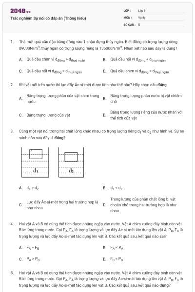 Trắc nghiệm Sự nổi có đáp án (Thông hiểu)