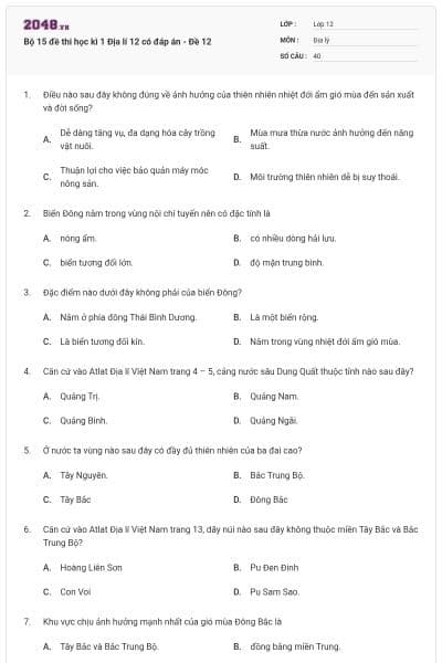 Bộ 15 đề thi học kì 1 Địa lí 12 có đáp án - Đề 12