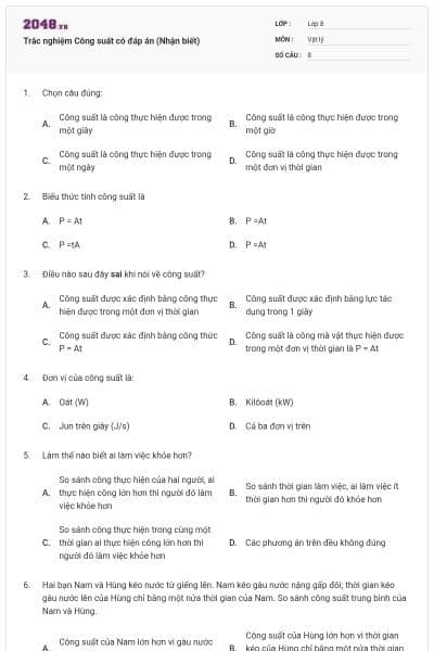 Trắc nghiệm Công suất có đáp án (Nhận biết)