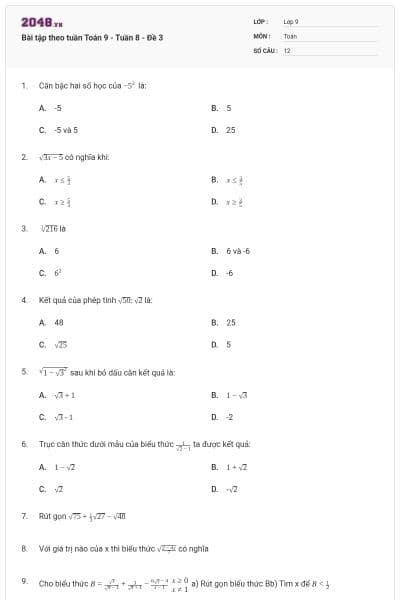 Bài tập theo tuần Toán 9 - Tuần 8 - Đề 3