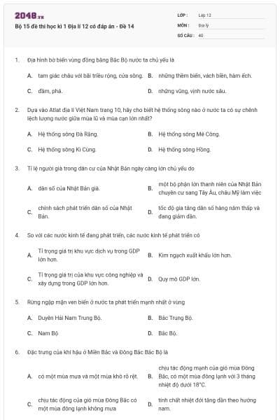Bộ 15 đề thi học kì 1 Địa lí 12 có đáp án - Đề 14