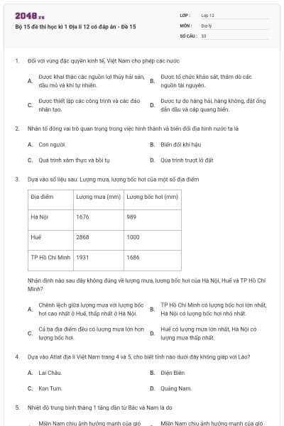 Bộ 15 đề thi học kì 1 Địa lí 12 có đáp án - Đề 15
