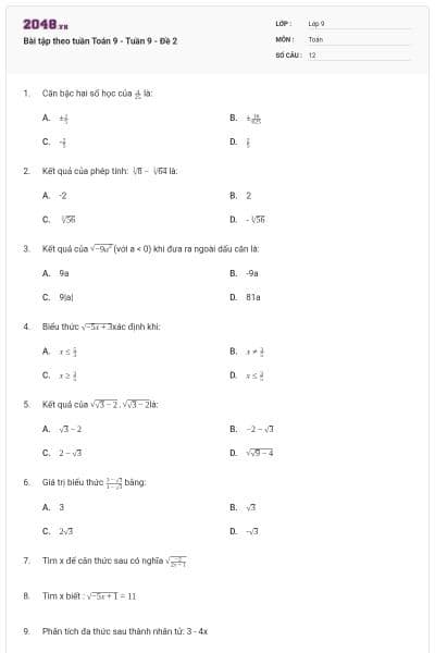 Bài tập theo tuần Toán 9 - Tuần 9 - Đề 2