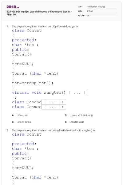 225 câu trắc nghiệm Lập trình hướng đối tượng có đáp án - Phần 10