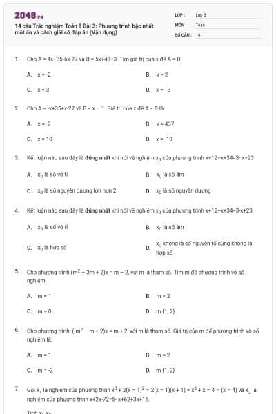 14 câu Trắc nghiệm Toán 8 Bài 3: Phương trình bậc nhất một ẩn và cách giải có đáp án (Vận dụng)