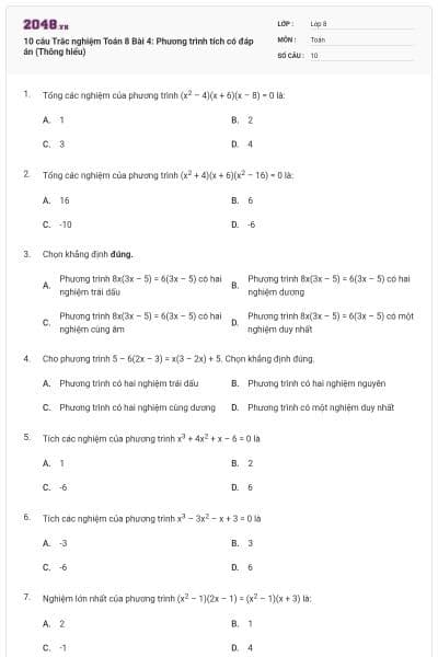 10 câu Trắc nghiệm Toán 8 Bài 4: Phương trình tích có đáp án (Thông hiểu)
