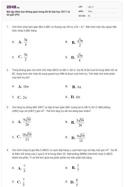 Bài tập Hình học không gian trong đề thi Đại học 2017 có lời giải (P9)
