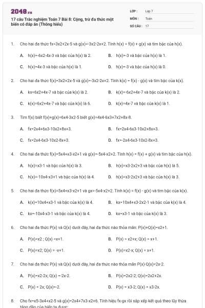 17 câu Trắc nghiệm Toán 7 Bài 8: Cộng, trừ đa thức một biến có đáp án (Thông hiểu)