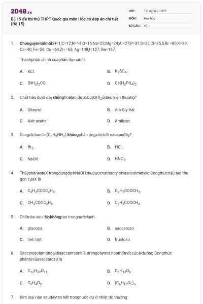 Bộ 15 đề thi thử THPT Quốc gia môn Hóa có đáp án chi tiết (Đề 15)