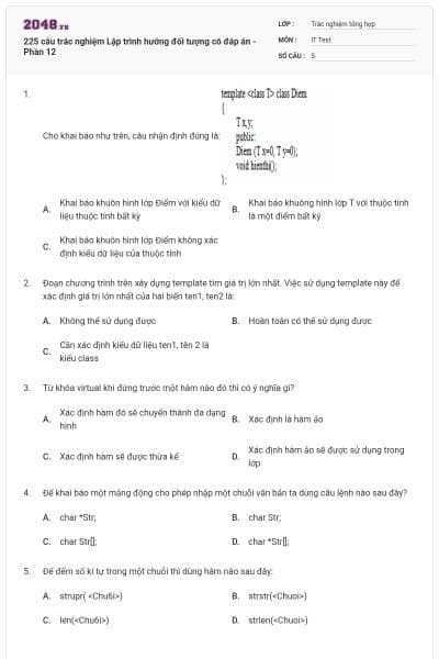 225 câu trắc nghiệm Lập trình hướng đối tượng có đáp án - Phần 12