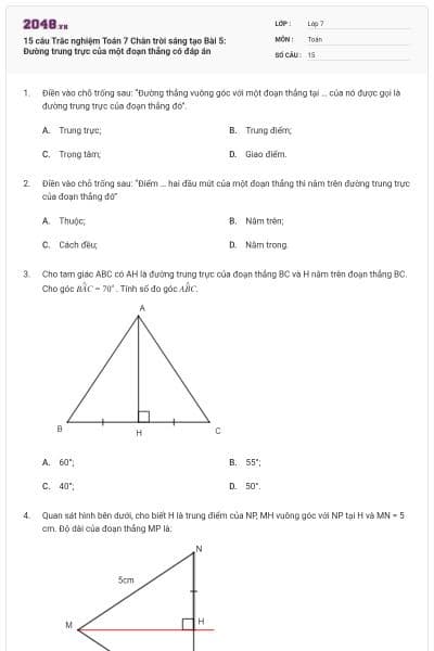 15 câu Trắc nghiệm Toán 7 Chân trời sáng tạo Bài 5: Đường trung trực của một đoạn thẳng có đáp án