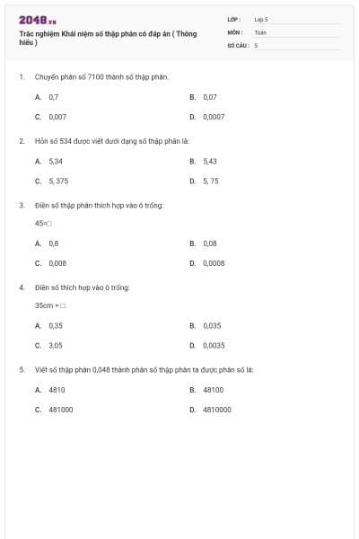 Trắc nghiệm Khái niệm số thập phân có đáp án ( Thông hiểu )