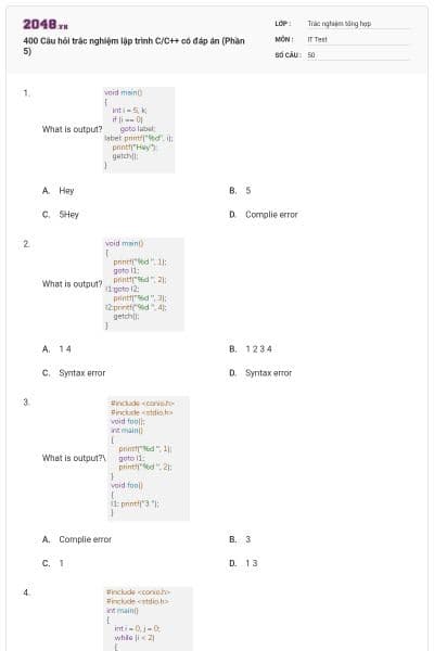 400 Câu hỏi trắc nghiệm lập trình C/C++ có đáp án (Phần 5)