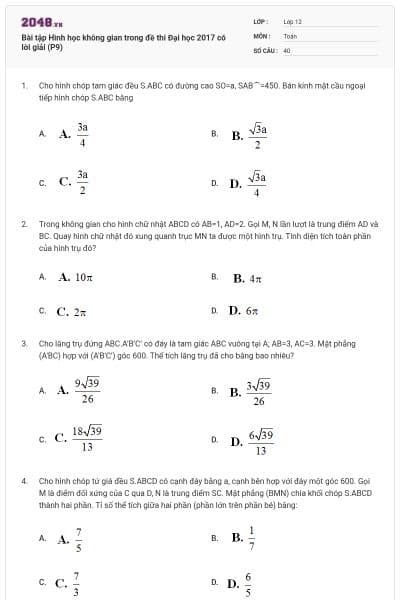 Bài tập Hình học không gian trong đề thi Đại học 2017 có lời giải (P9)