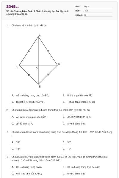 30 câu Trắc nghiệm Toán 7 Chân trời sáng tạo Bài tập cuối chương 8 có đáp án