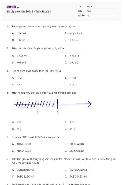 Bài tập theo tuần Toán 8 - Tuần 33_ đề 1
