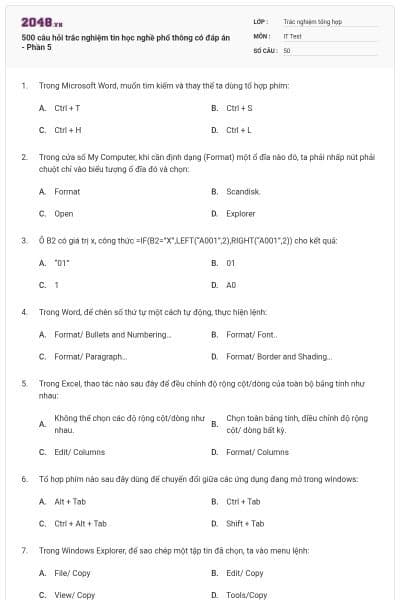 500 câu hỏi trắc nghiệm tin học nghề phổ thông có đáp án - Phần 5