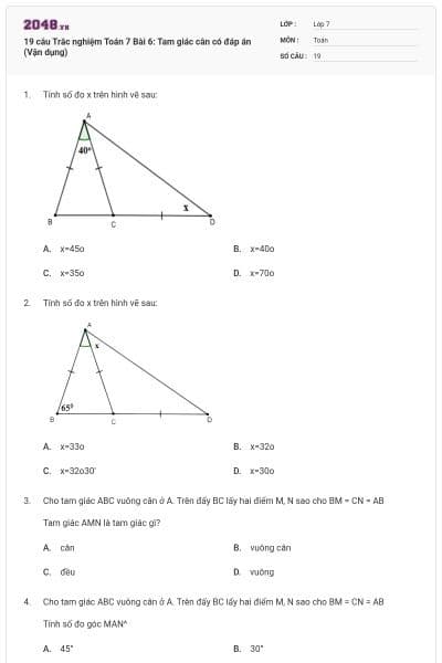 19 câu Trắc nghiệm Toán 7 Bài 6: Tam giác cân có đáp án (Vận dụng)