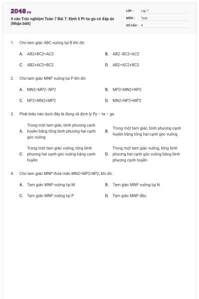 4 câu Trắc nghiệm Toán 7 Bài 7: Định lí Pi-ta-go có đáp án (Nhận biết)