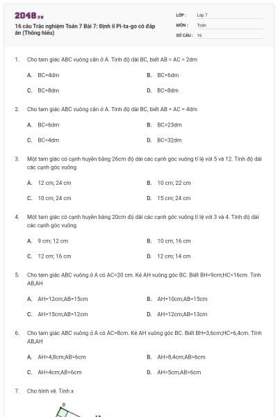 16 câu Trắc nghiệm Toán 7 Bài 7: Định lí Pi-ta-go có đáp án (Thông hiểu)