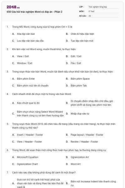 650 Câu hỏi trắc nghiệm Word có đáp án - Phần 2