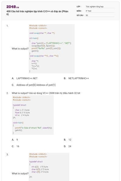 400 Câu hỏi trắc nghiệm lập trình C/C++ có đáp án (Phần 6)