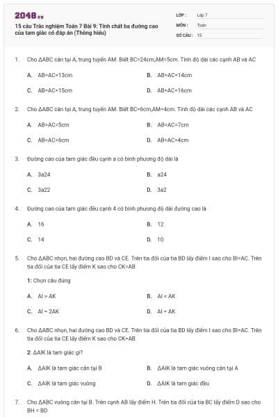 15 câu Trắc nghiệm Toán 7 Bài 9: Tính chất ba đường cao của tam giác có đáp án (Thông hiểu)