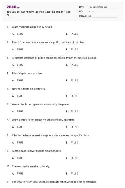 400 Câu hỏi trắc nghiệm lập trình C/C++ có đáp án (Phần 7)
