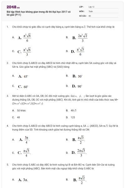 Bài tập Hình học không gian trong đề thi Đại học 2017 có lời giải (P11)