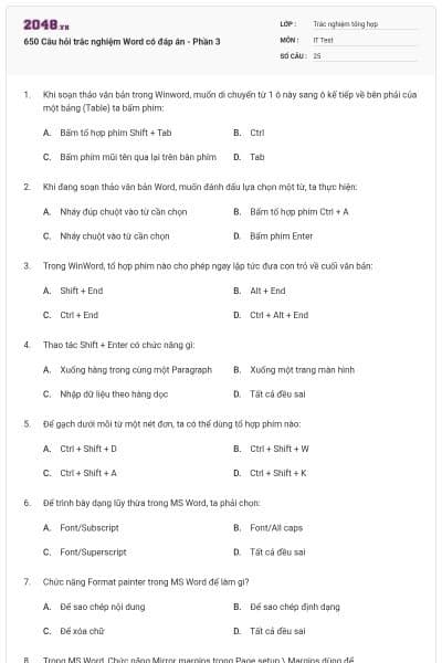 650 Câu hỏi trắc nghiệm Word có đáp án - Phần 3