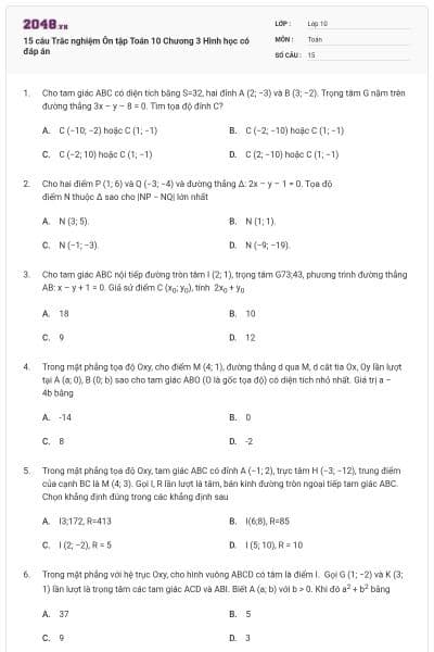 15 câu Trắc nghiệm Ôn tập Toán 10 Chương 3 Hình học có đáp án