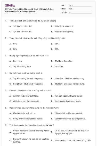 237 câu Trắc nghiệm Chuyên đề Địa lí 12 Chủ đề 3: Đặc điểm chung của tự nhiên Việt Nam