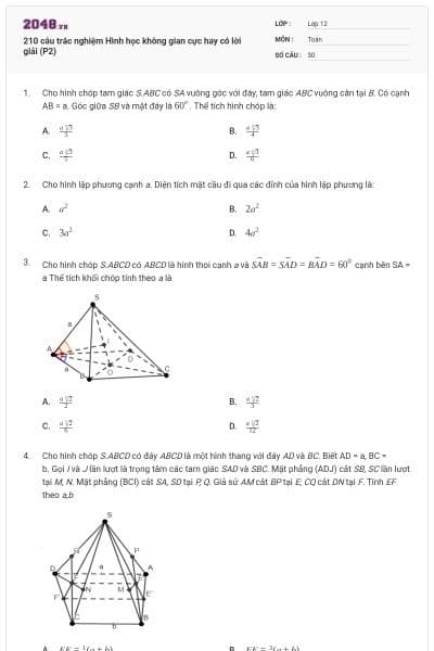 210 câu trắc nghiệm Hình học không gian cực hay có lời giải (P2)