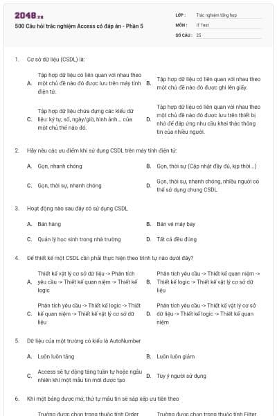500 Câu hỏi trắc nghiệm Access có đáp án - Phần 5