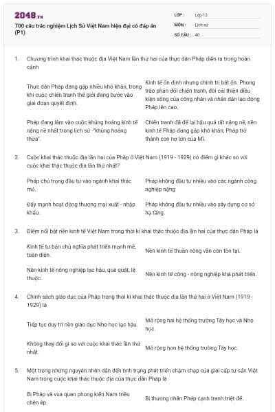 700 câu trắc nghiệm Lịch Sử Việt Nam hiện đại có đáp án (P1)