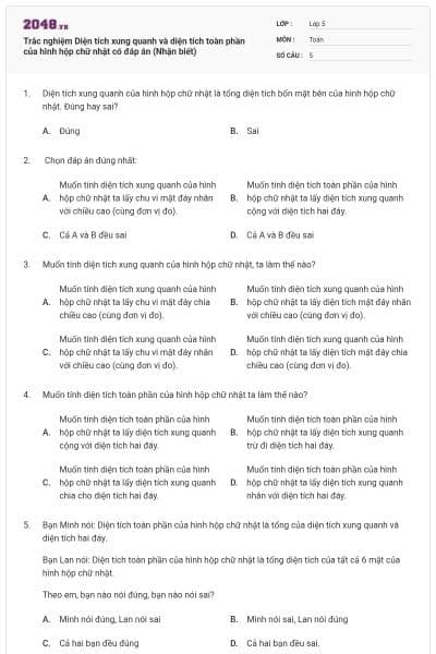 Trắc nghiệm Diện tích xung quanh và diện tích toàn phần của hình hộp chữ nhật có đáp án (Nhận biết)