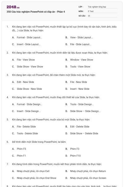 350 Câu trắc nghiệm PowerPoint có đáp án - Phần 4