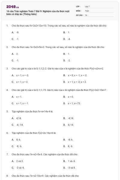 16 câu Trắc nghiệm Toán 7 Bài 9: Nghiệm của đa thức một biến có đáp án (Thông hiểu)