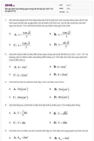 Bài tập Hình học không gian trong đề thi Đại học 2017 có lời giải (P12)