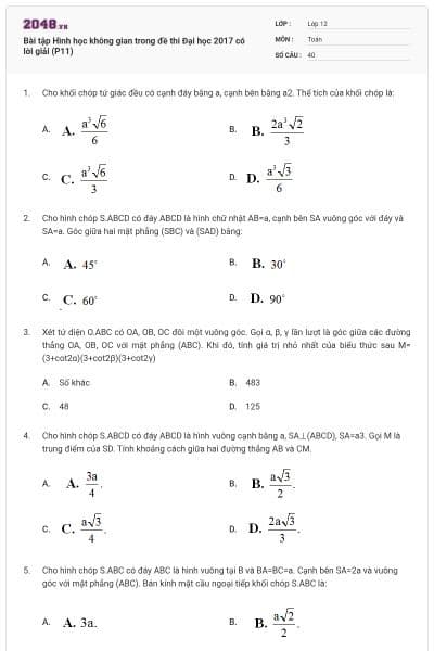 Bài tập Hình học không gian trong đề thi Đại học 2017 có lời giải (P11)