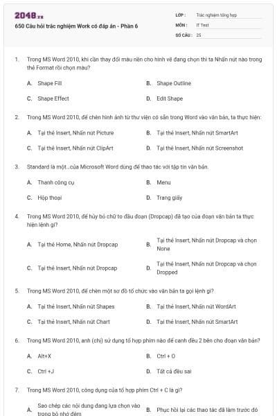 650 Câu hỏi trắc nghiệm Work có đáp án - Phần 6