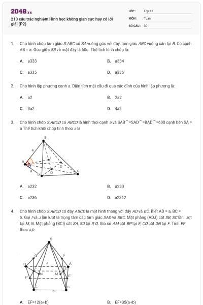 210 câu trắc nghiệm Hình học không gian cực hay có lời giải (P2)