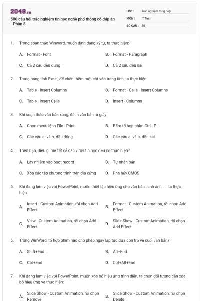 500 câu hỏi trắc nghiệm tin học nghề phổ thông có đáp án - Phần 8